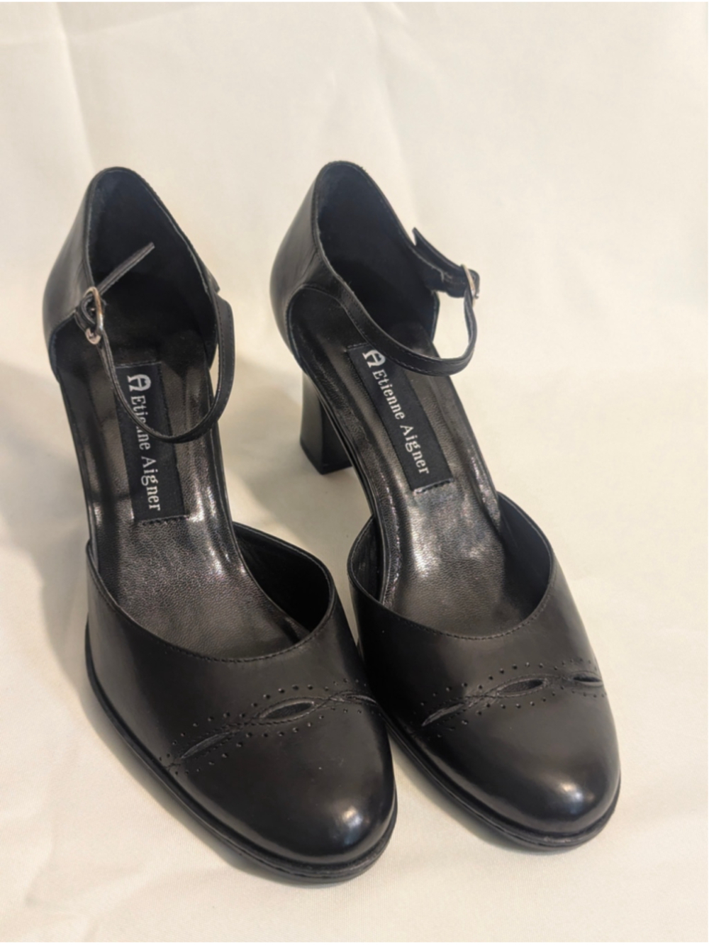 Etienne Aigner Ranier Ankle Strap Block Heels Size 7 Black Leather - Picture 3 of 12
